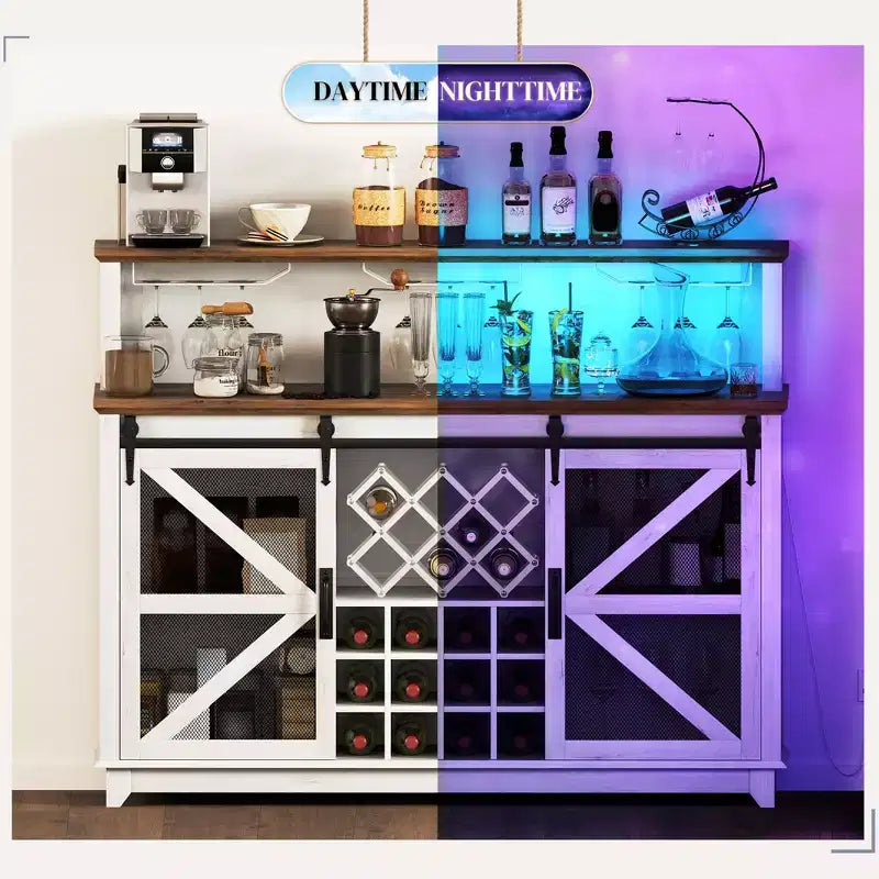 Meuble de bar de ferme marron/blanc vieilli avec LED et portes coulissantes