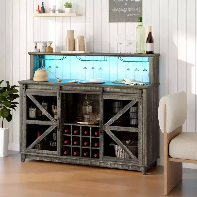 Meuble de bar de ferme marron/blanc vieilli avec LED et portes coulissantes