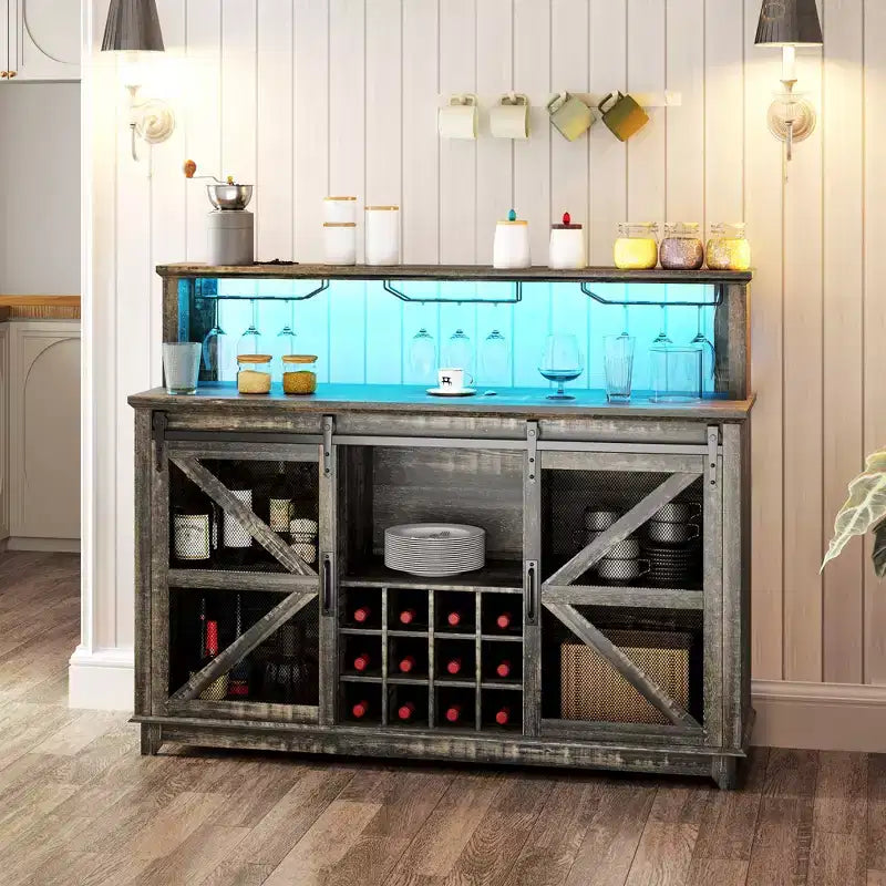 Meuble de bar de ferme marron/blanc vieilli avec LED et portes coulissantes