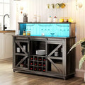 HOMCOM Farmhouse Coffee Bar Cabinet with LED Lights and Sliding Barn Doors, 55 Wine Bar Cabinet with Wine Racks and Glass Holder