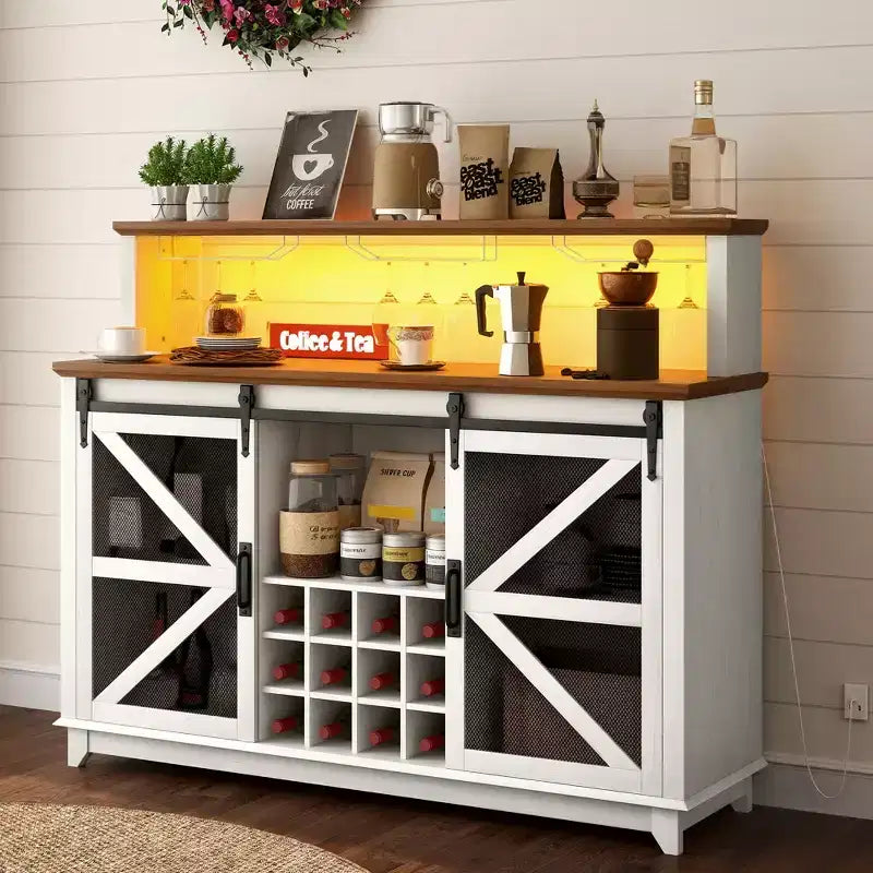 Meuble de bar de ferme marron/blanc vieilli avec LED et portes coulissantes