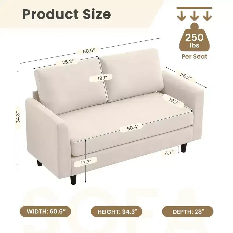 Canapé de causeuse en tissu beige/sarcelle foncé/gris pour 2 personnes
