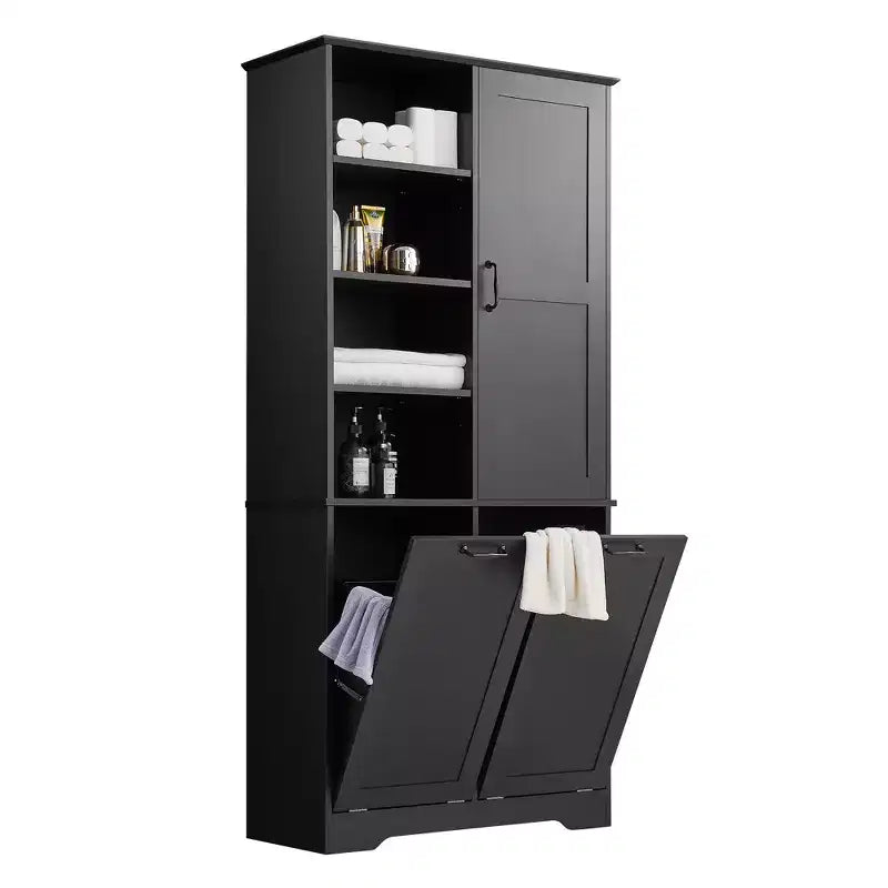 Meuble de Rangement de Salle de Bain Noir/Gris/Chêne/Blanc avec Panier à Linge Inclinable et Étagères Ouvertes pour 1