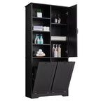 Meuble de Rangement de Salle de Bain Noir/Gris/Chêne/Blanc avec Panier à Linge Inclinable et Étagères Ouvertes pour 1