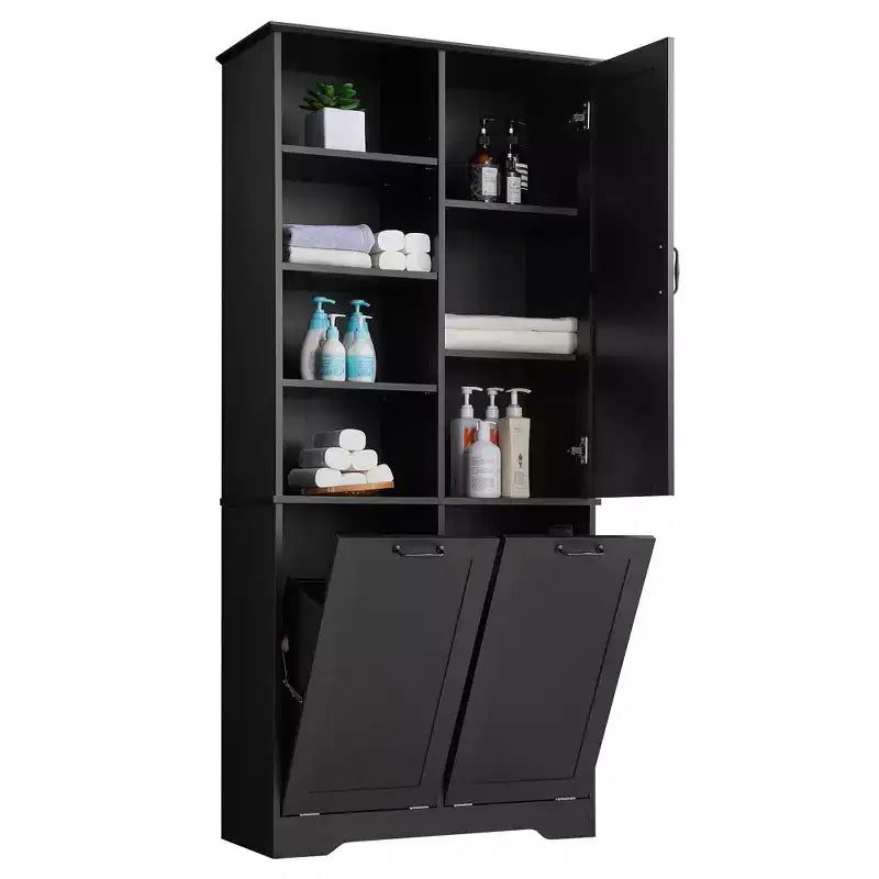 Meuble de Rangement de Salle de Bain Noir/Gris/Chêne/Blanc avec Panier à Linge Inclinable et Étagères Ouvertes pour 1