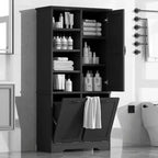 Meuble de Rangement de Salle de Bain Noir/Gris/Chêne/Blanc avec Panier à Linge Inclinable et Étagères Ouvertes pour 1