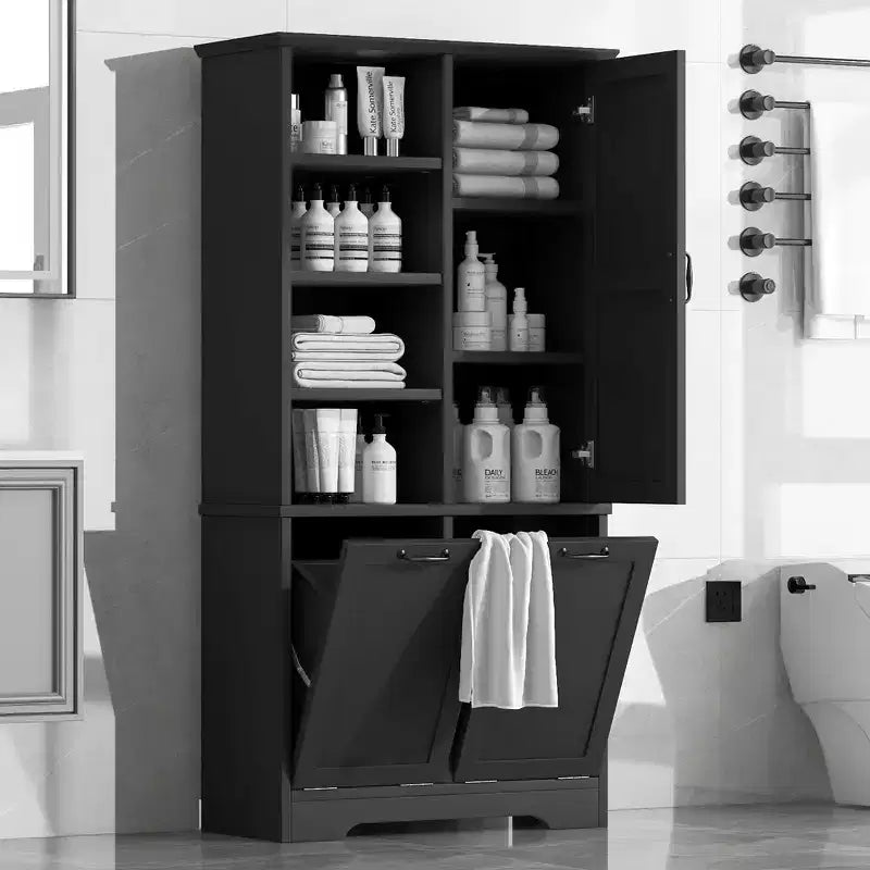 Meuble de Rangement de Salle de Bain Noir/Gris/Chêne/Blanc avec Panier à Linge Inclinable et Étagères Ouvertes pour 1