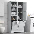 Meuble de Rangement de Salle de Bain Noir/Gris/Chêne/Blanc avec Panier à Linge Inclinable et Étagères Ouvertes pour 1