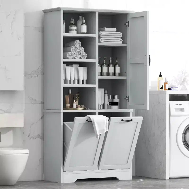 Meuble de Rangement de Salle de Bain Noir/Gris/Chêne/Blanc avec Panier à Linge Inclinable et Étagères Ouvertes pour 1