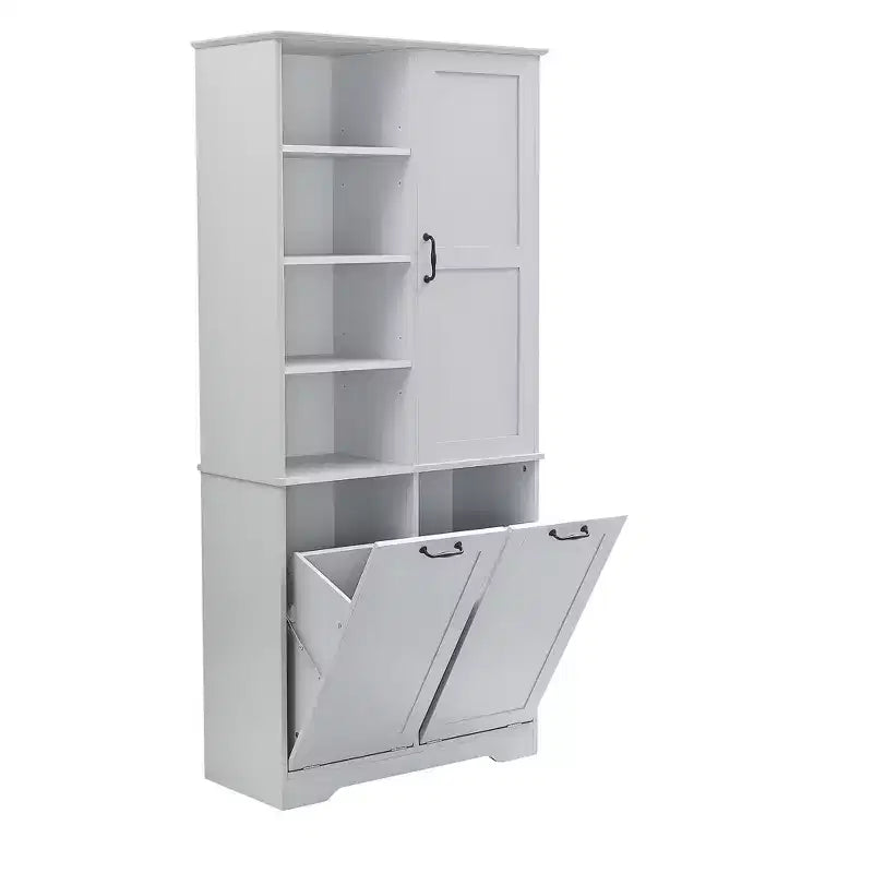 Meuble de Rangement de Salle de Bain Noir/Gris/Chêne/Blanc avec Panier à Linge Inclinable et Étagères Ouvertes pour 1