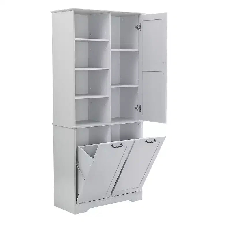 Meuble de Rangement de Salle de Bain Noir/Gris/Chêne/Blanc avec Panier à Linge Inclinable et Étagères Ouvertes pour 1