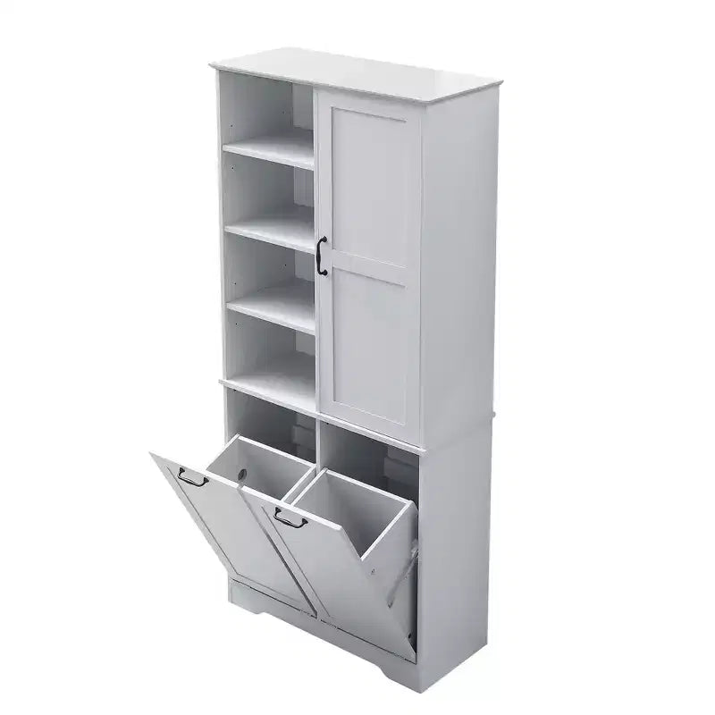 Meuble de Rangement de Salle de Bain Noir/Gris/Chêne/Blanc avec Panier à Linge Inclinable et Étagères Ouvertes pour 1