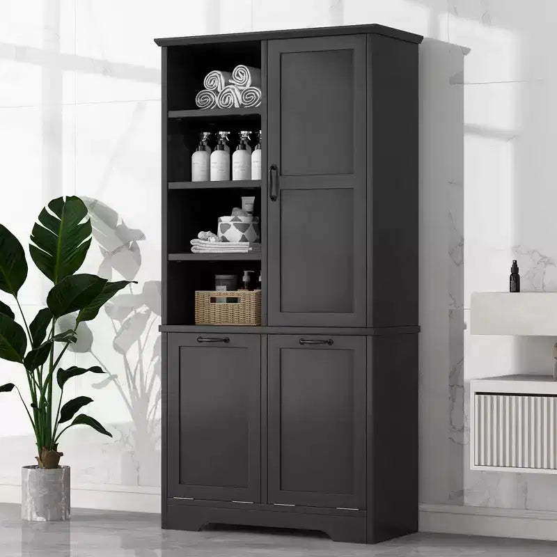 Meuble de Rangement de Salle de Bain Noir/Gris/Chêne/Blanc avec Panier à Linge Inclinable et Étagères Ouvertes pour 1