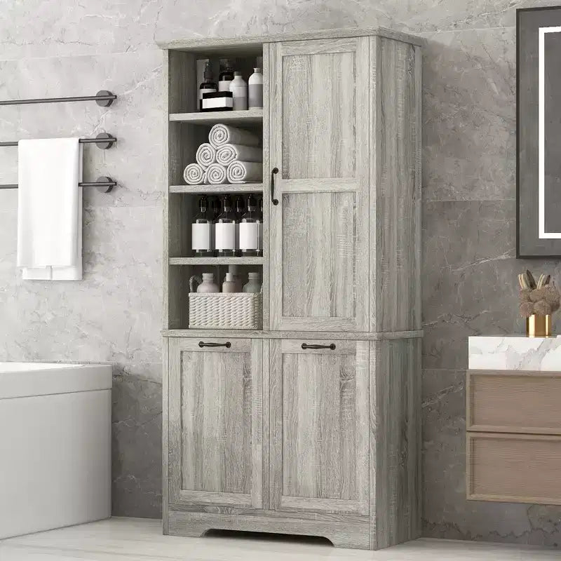 Meuble de Rangement de Salle de Bain Noir/Gris/Chêne/Blanc avec Panier à Linge Inclinable et Étagères Ouvertes pour 1