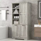 Meuble de Rangement de Salle de Bain Noir/Gris/Chêne/Blanc avec Panier à Linge Inclinable et Étagères Ouvertes pour 1