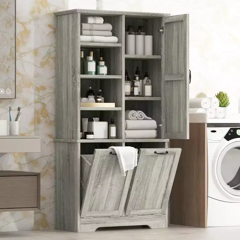 Meuble de Rangement de Salle de Bain Noir/Gris/Chêne/Blanc avec Panier à Linge Inclinable et Étagères Ouvertes pour 1