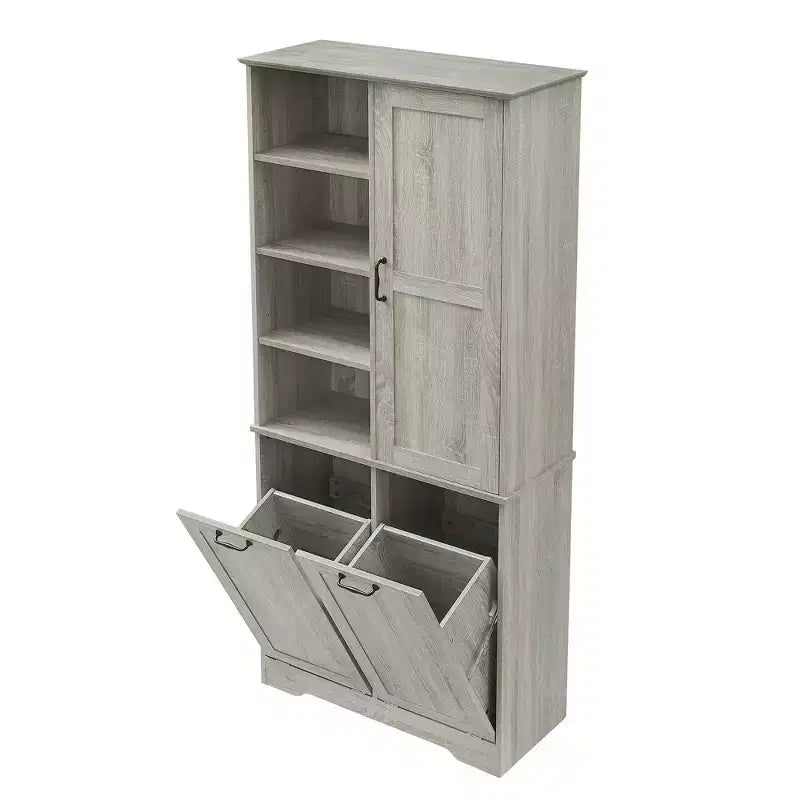 Meuble de Rangement de Salle de Bain Noir/Gris/Chêne/Blanc avec Panier à Linge Inclinable et Étagères Ouvertes pour 1