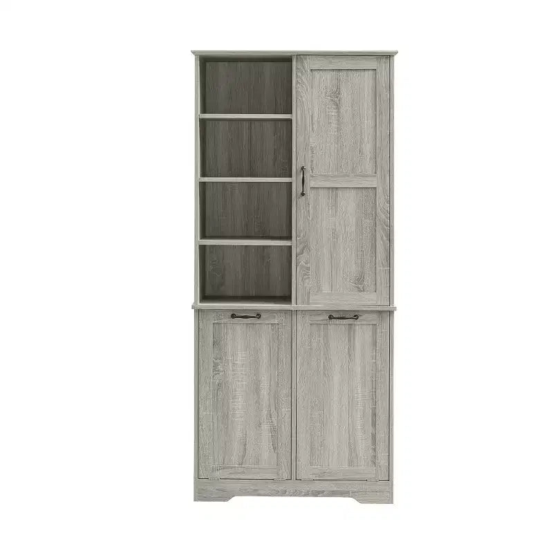 Meuble de Rangement de Salle de Bain Noir/Gris/Chêne/Blanc avec Panier à Linge Inclinable et Étagères Ouvertes pour 1