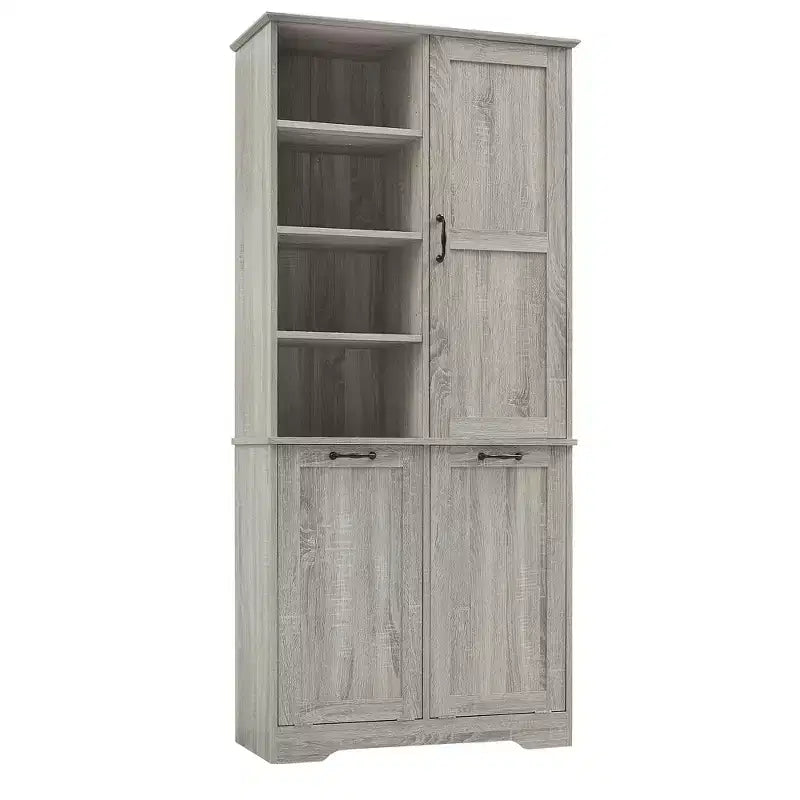 Meuble de Rangement de Salle de Bain Noir/Gris/Chêne/Blanc avec Panier à Linge Inclinable et Étagères Ouvertes pour 1