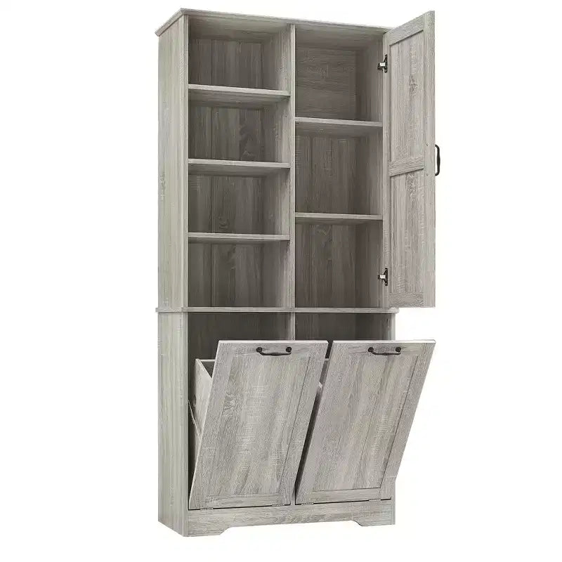 Meuble de Rangement de Salle de Bain Noir/Gris/Chêne/Blanc avec Panier à Linge Inclinable et Étagères Ouvertes pour 1