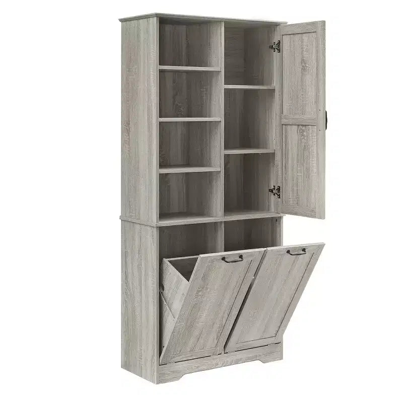 Meuble de Rangement de Salle de Bain Noir/Gris/Chêne/Blanc avec Panier à Linge Inclinable et Étagères Ouvertes pour 1