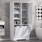 Meuble de Rangement de Salle de Bain Noir/Gris/Chêne/Blanc avec Panier à Linge Inclinable et Étagères Ouvertes pour 1