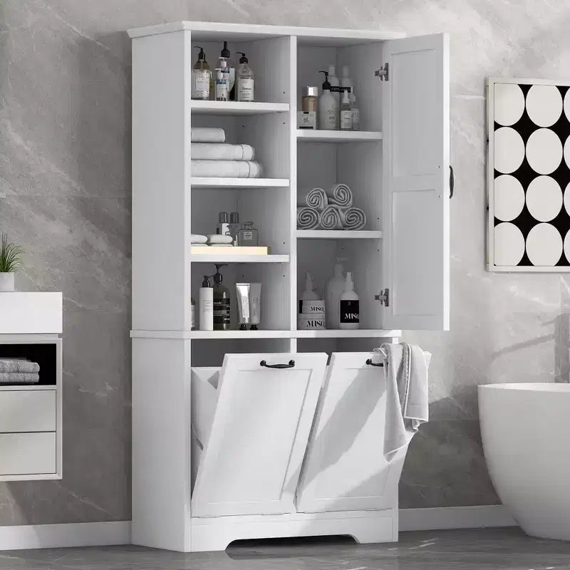 Meuble de Rangement de Salle de Bain Noir/Gris/Chêne/Blanc avec Panier à Linge Inclinable et Étagères Ouvertes pour 1