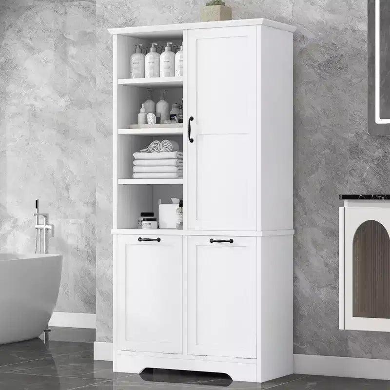 Meuble de Rangement de Salle de Bain Noir/Gris/Chêne/Blanc avec Panier à Linge Inclinable et Étagères Ouvertes pour 1