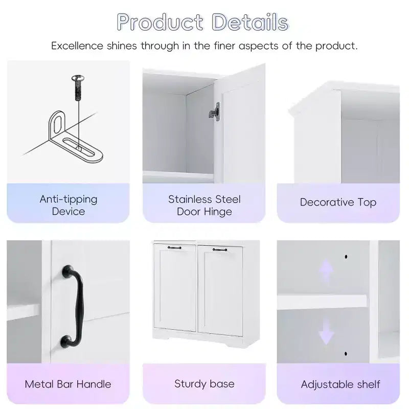 Meuble de Rangement de Salle de Bain Noir/Gris/Chêne/Blanc avec Panier à Linge Inclinable et Étagères Ouvertes pour 1