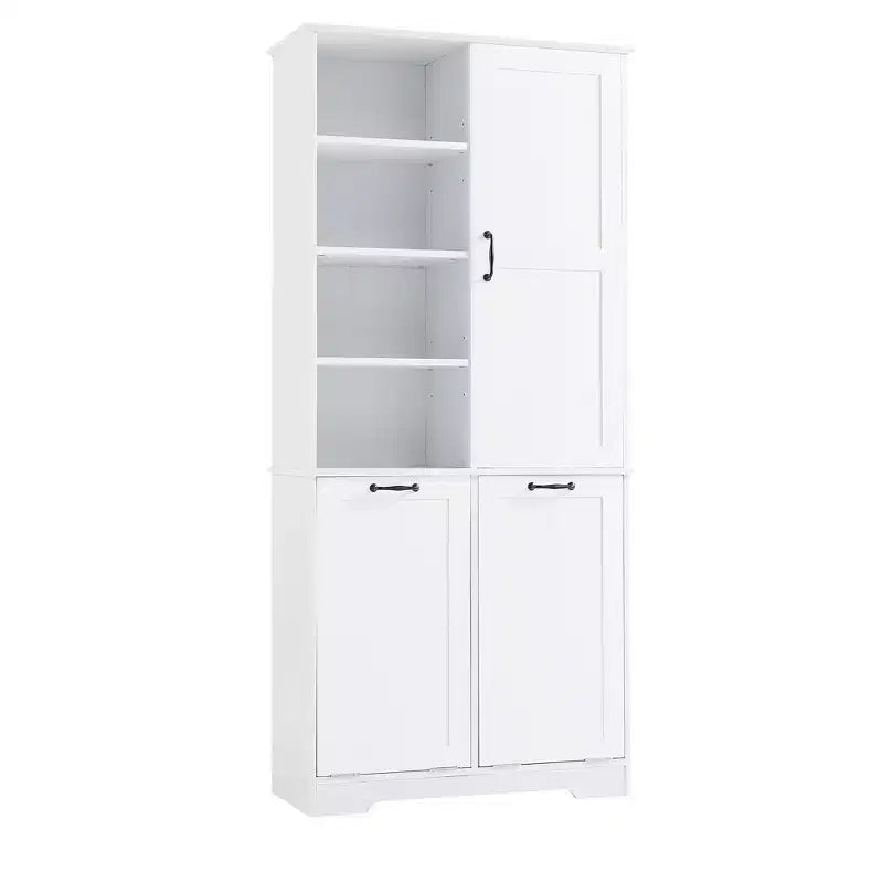 Meuble de Rangement de Salle de Bain Noir/Gris/Chêne/Blanc avec Panier à Linge Inclinable et Étagères Ouvertes pour 1