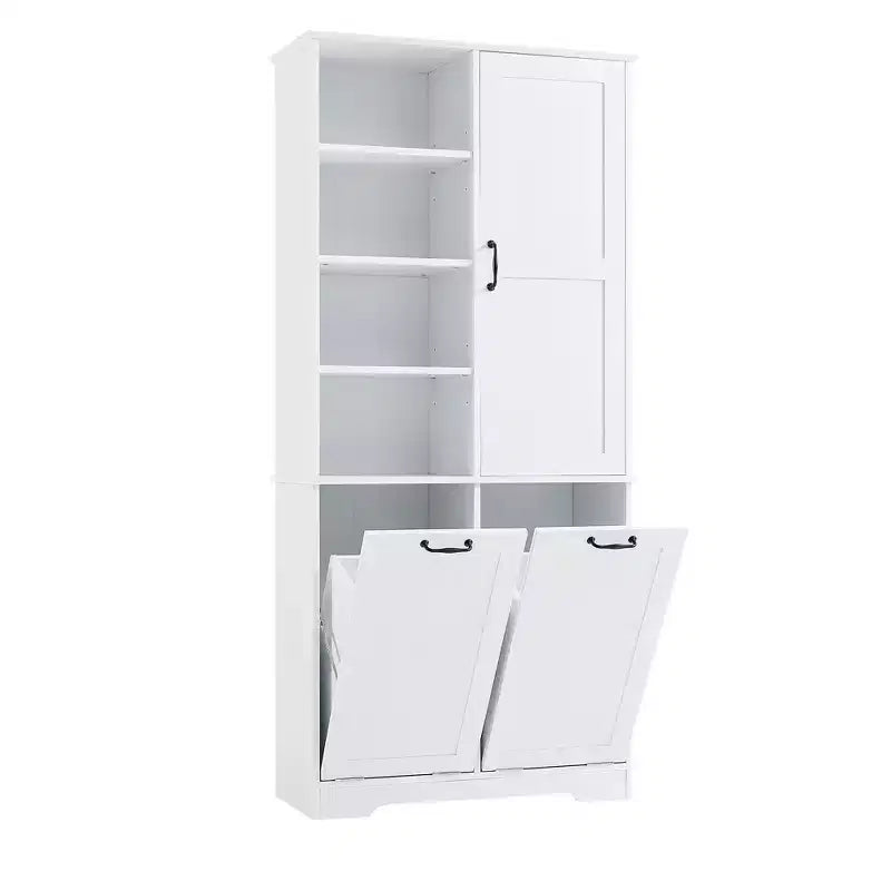 Meuble de Rangement de Salle de Bain Noir/Gris/Chêne/Blanc avec Panier à Linge Inclinable et Étagères Ouvertes pour 1
