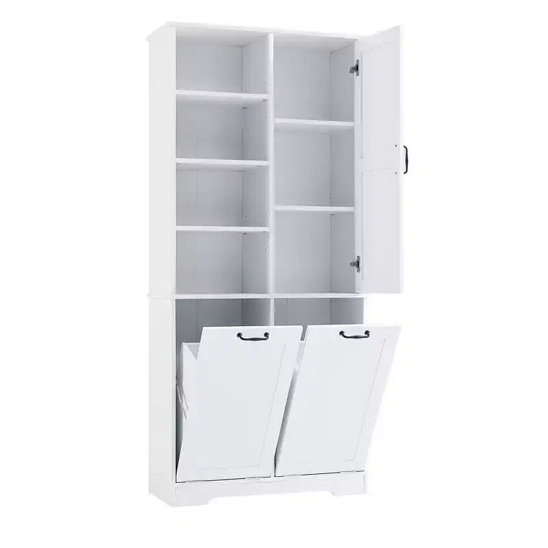 Meuble de Rangement de Salle de Bain Noir/Gris/Chêne/Blanc avec Panier à Linge Inclinable et Étagères Ouvertes pour 1