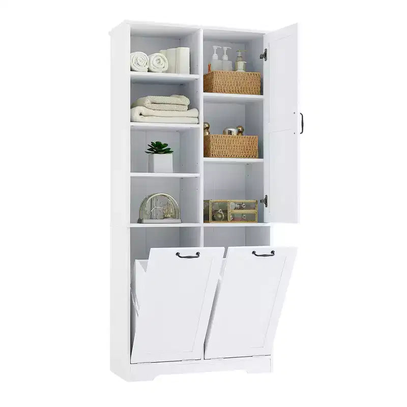 Meuble de Rangement de Salle de Bain Noir/Gris/Chêne/Blanc avec Panier à Linge Inclinable et Étagères Ouvertes pour 1