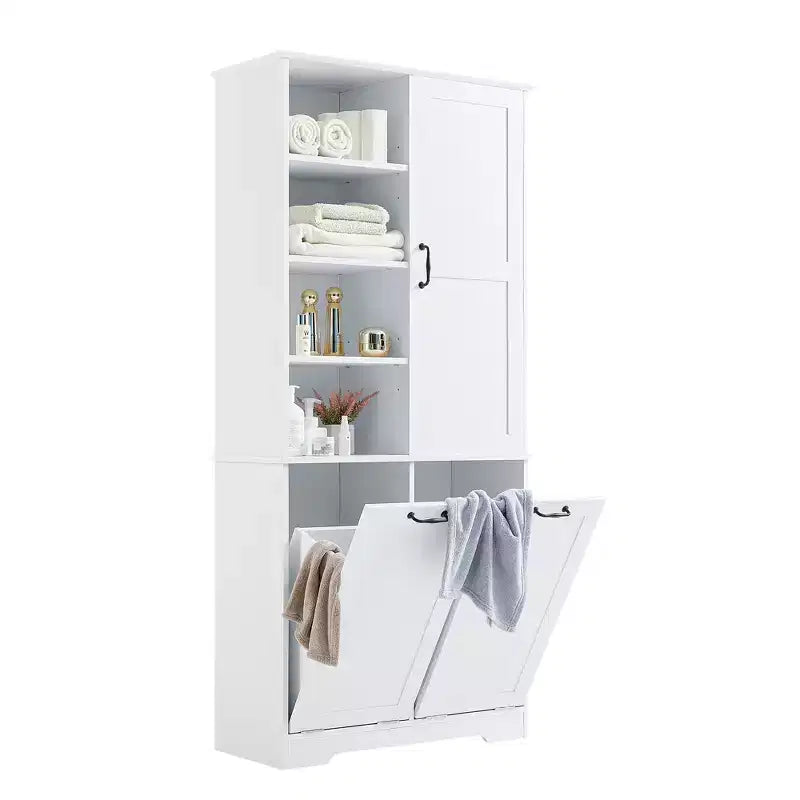 Meuble de Rangement de Salle de Bain Noir/Gris/Chêne/Blanc avec Panier à Linge Inclinable et Étagères Ouvertes pour 1