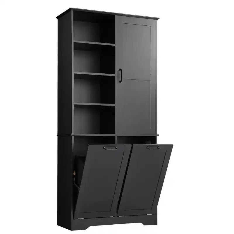 Meuble de Rangement de Salle de Bain Noir/Gris/Chêne/Blanc avec Panier à Linge Inclinable et Étagères Ouvertes pour 1