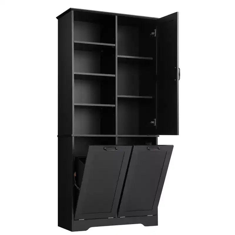 Meuble de Rangement de Salle de Bain Noir/Gris/Chêne/Blanc avec Panier à Linge Inclinable et Étagères Ouvertes pour 1