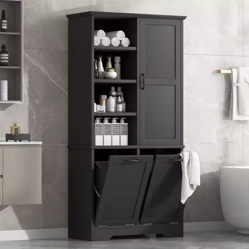 Meuble de Rangement de Salle de Bain Noir/Gris/Chêne/Blanc avec Panier à Linge Inclinable et Étagères Ouvertes pour 1