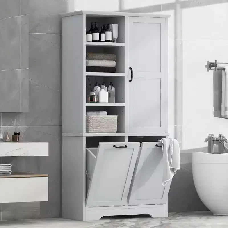 Meuble de Rangement de Salle de Bain Noir/Gris/Chêne/Blanc avec Panier à Linge Inclinable et Étagères Ouvertes pour 1