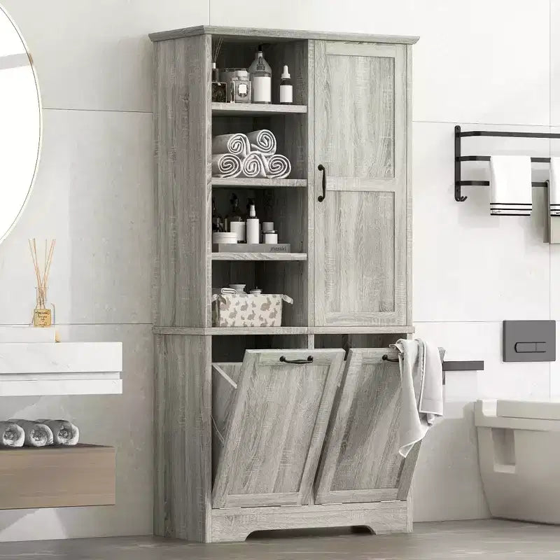 Meuble de Rangement de Salle de Bain Noir/Gris/Chêne/Blanc avec Panier à Linge Inclinable et Étagères Ouvertes pour 1