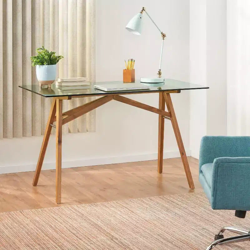 Natural & Green Mid-Century Acacia Wood Desk with Tempered Glass Top for 1