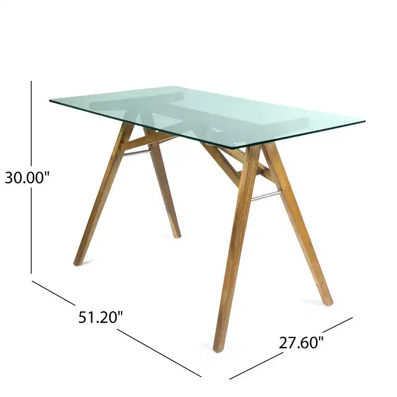 Natural & Green Mid-Century Acacia Wood Desk with Tempered Glass Top for 1