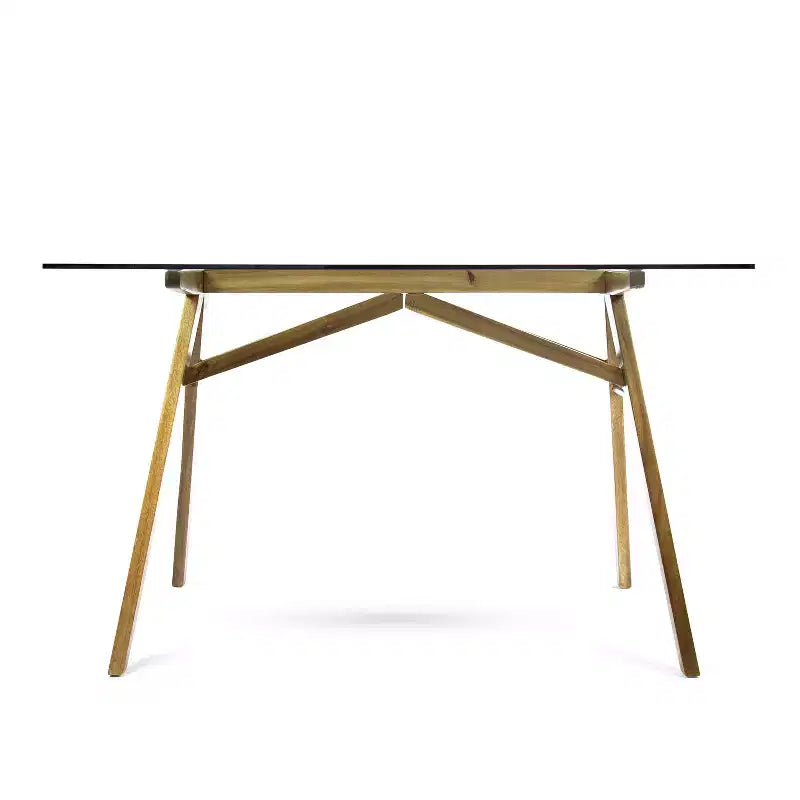 Bureau naturel et vert en bois d'acacia du milieu du siècle avec plateau en verre trempé pour 1 personne