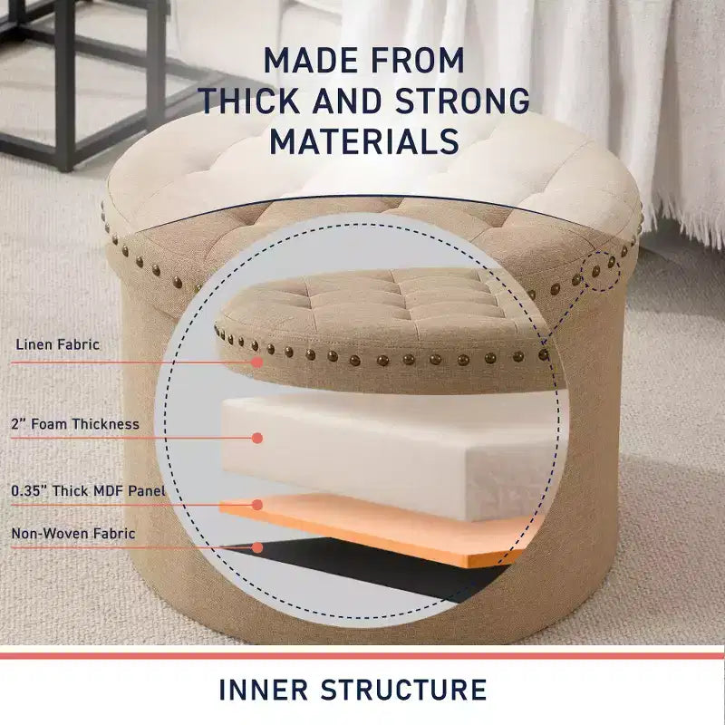 Pouf de rangement rond pliable beige/sable/blanc avec garniture cloutée pour 1 personne