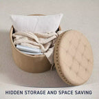 Pouf de rangement rond pliable beige/sable/blanc avec garniture cloutée pour 1 personne
