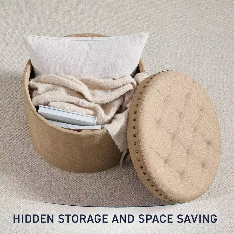 Pouf de rangement rond pliable beige/sable/blanc avec garniture cloutée pour 1 personne