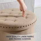 Pouf de rangement rond pliable beige/sable/blanc avec garniture cloutée pour 1 personne