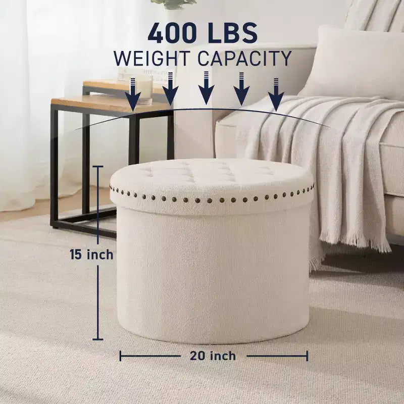 Pouf de rangement rond pliable beige/sable/blanc avec garniture cloutée pour 1 personne