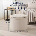 Pouf de rangement rond pliable beige/sable/blanc avec garniture cloutée pour 1 personne