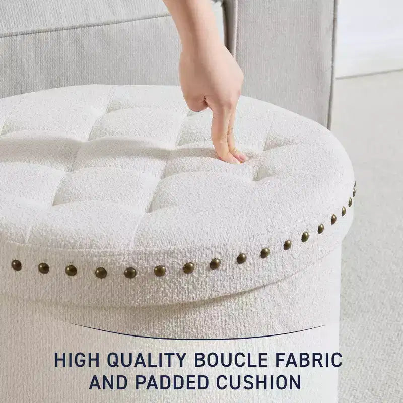 Pouf de rangement rond pliable beige/sable/blanc avec garniture cloutée pour 1 personne