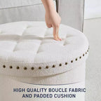 Pouf de rangement rond pliable beige/sable/blanc avec garniture cloutée pour 1 personne